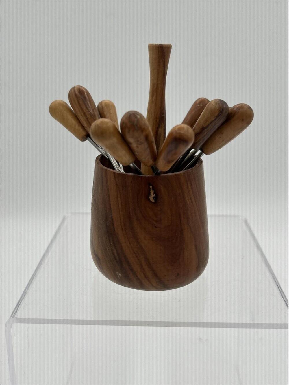 Olive Wood Cocktail 11 Forks or Picks with Holder Vintage MCM